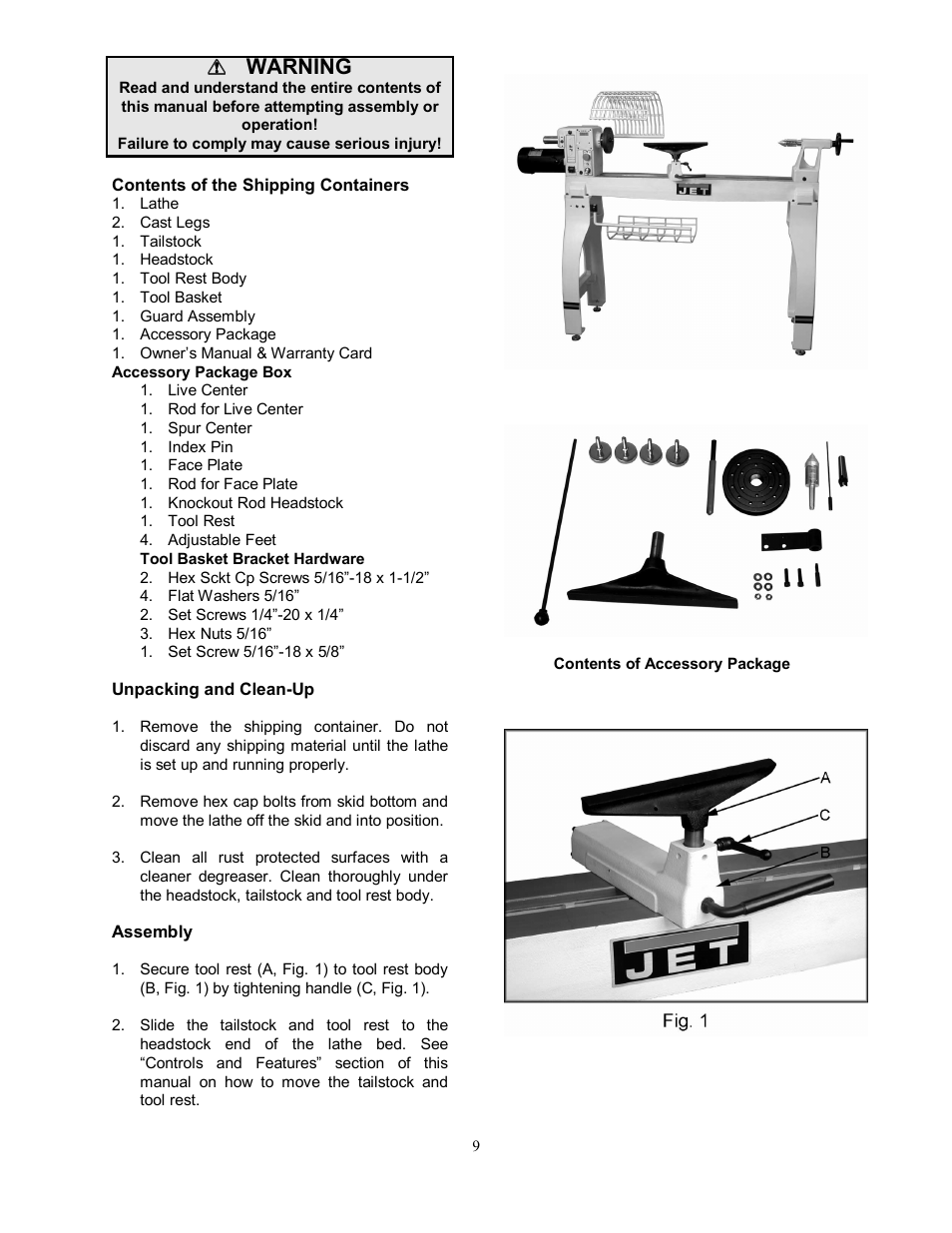 Contents of the shipping containers, Unpacking and clean-up, Assembly | Warning | Jet Tools JWL-1642EVS-2 User Manual | Page 9 / 32