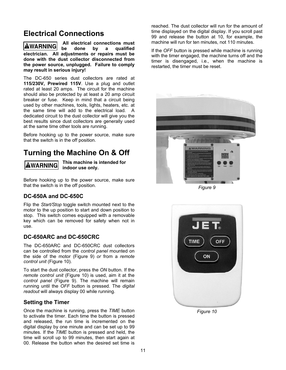 Electrical connections, Turning the machine on & off, Dc-650a and dc-650c | Dc-650arc and dc-650crc, Setting the timer | Jet Tools DC-650C User Manual | Page 11 / 20