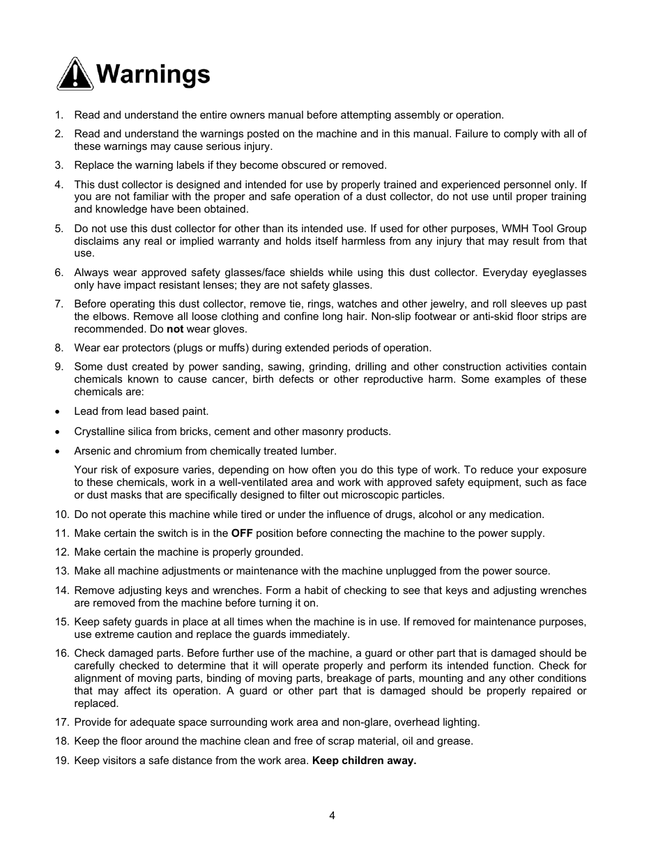 Warnings | Jet Tools DC-650C User Manual | Page 4 / 20