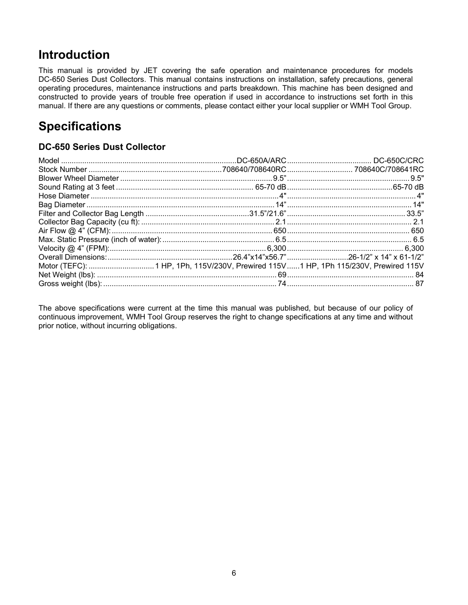 Introduction, Specifications | Jet Tools DC-650C User Manual | Page 6 / 20