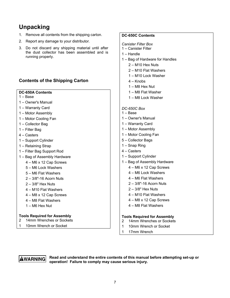 Unpacking, Dc-650a contents, Dc-650c contents | Jet Tools DC-650C User Manual | Page 7 / 20