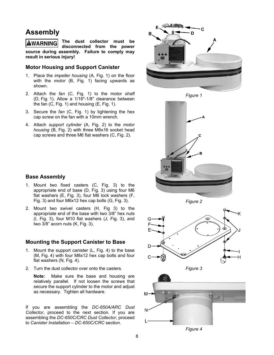 Assembly, Motor housing and support canister, Base assembly | Mounting the support canister to base | Jet Tools DC-650C User Manual | Page 8 / 20