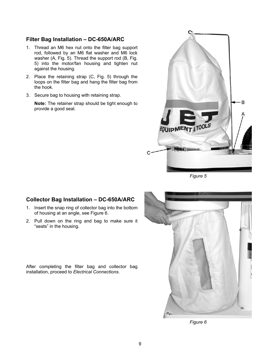 Filter bag installation – dc-650a/arc, Collector bag installation – dc-650a/arc | Jet Tools DC-650C User Manual | Page 9 / 20