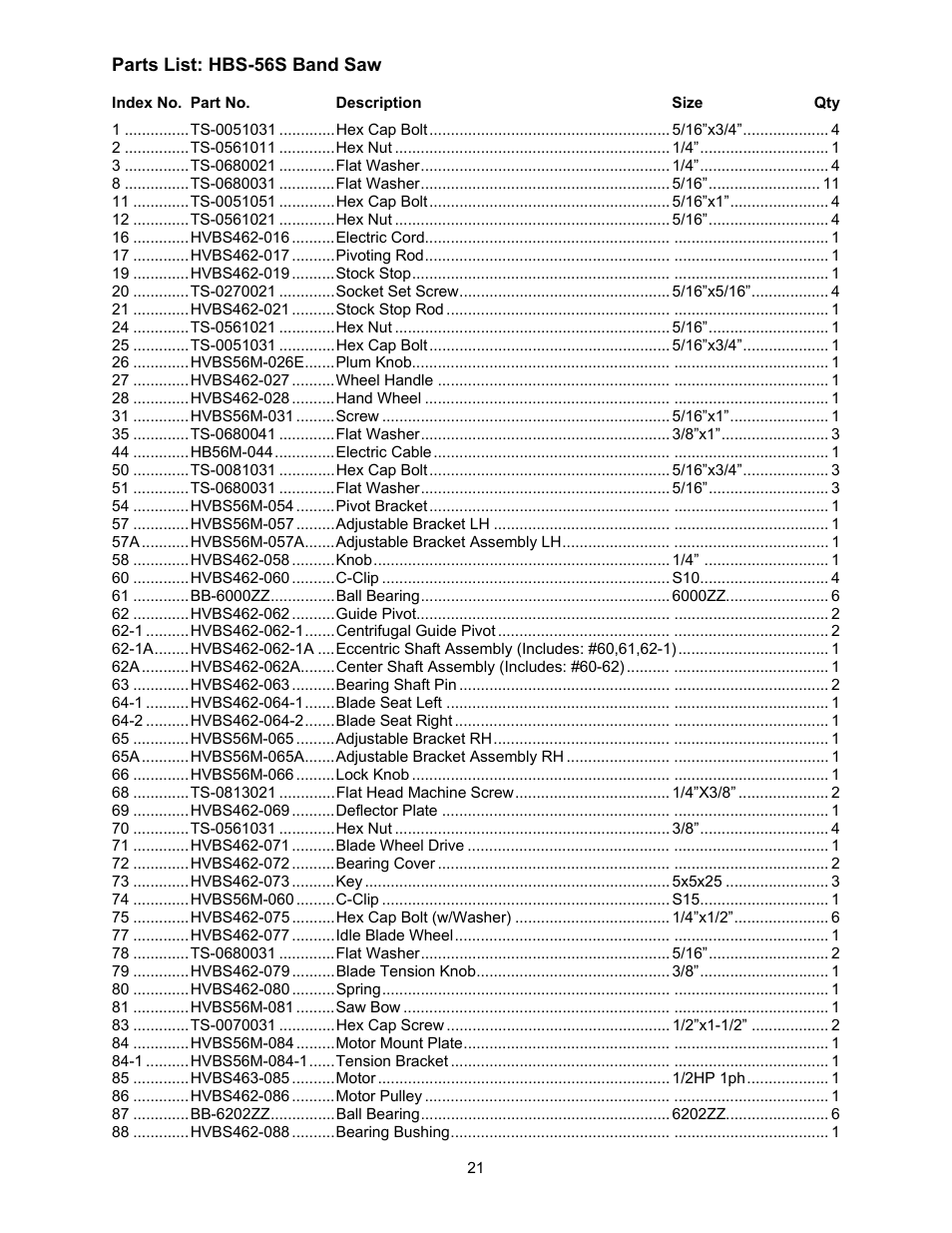 Jet Tools HBS-56S User Manual | Page 21 / 28