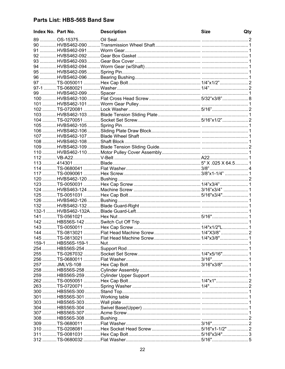 Jet Tools HBS-56S User Manual | Page 22 / 28