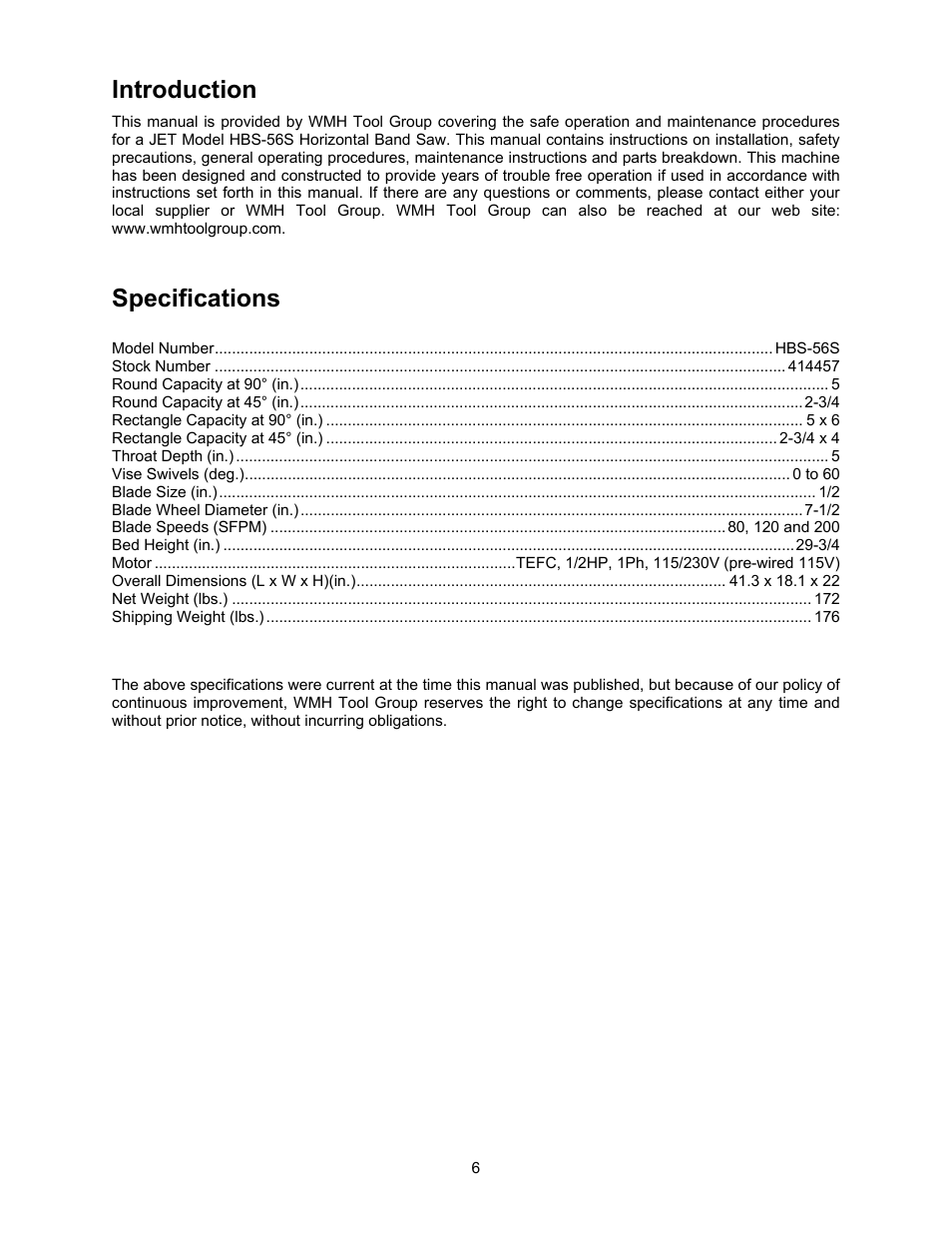 Introduction, Specifications | Jet Tools HBS-56S User Manual | Page 6 / 28