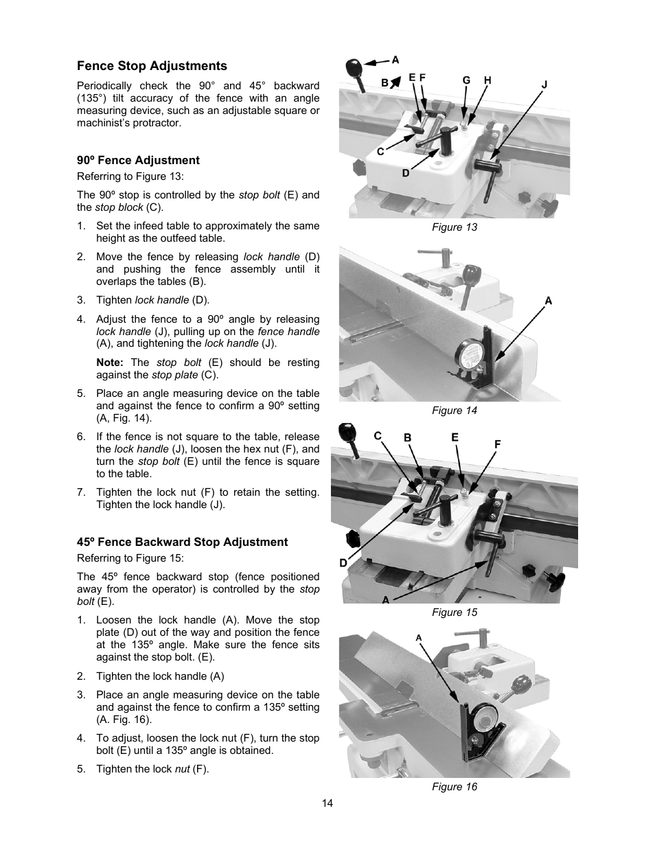 Fence stop adjustments, 90º fence adjustment, 45º fence backward stop adjustment | Jet Tools JJ-6CSDX User Manual | Page 14 / 40