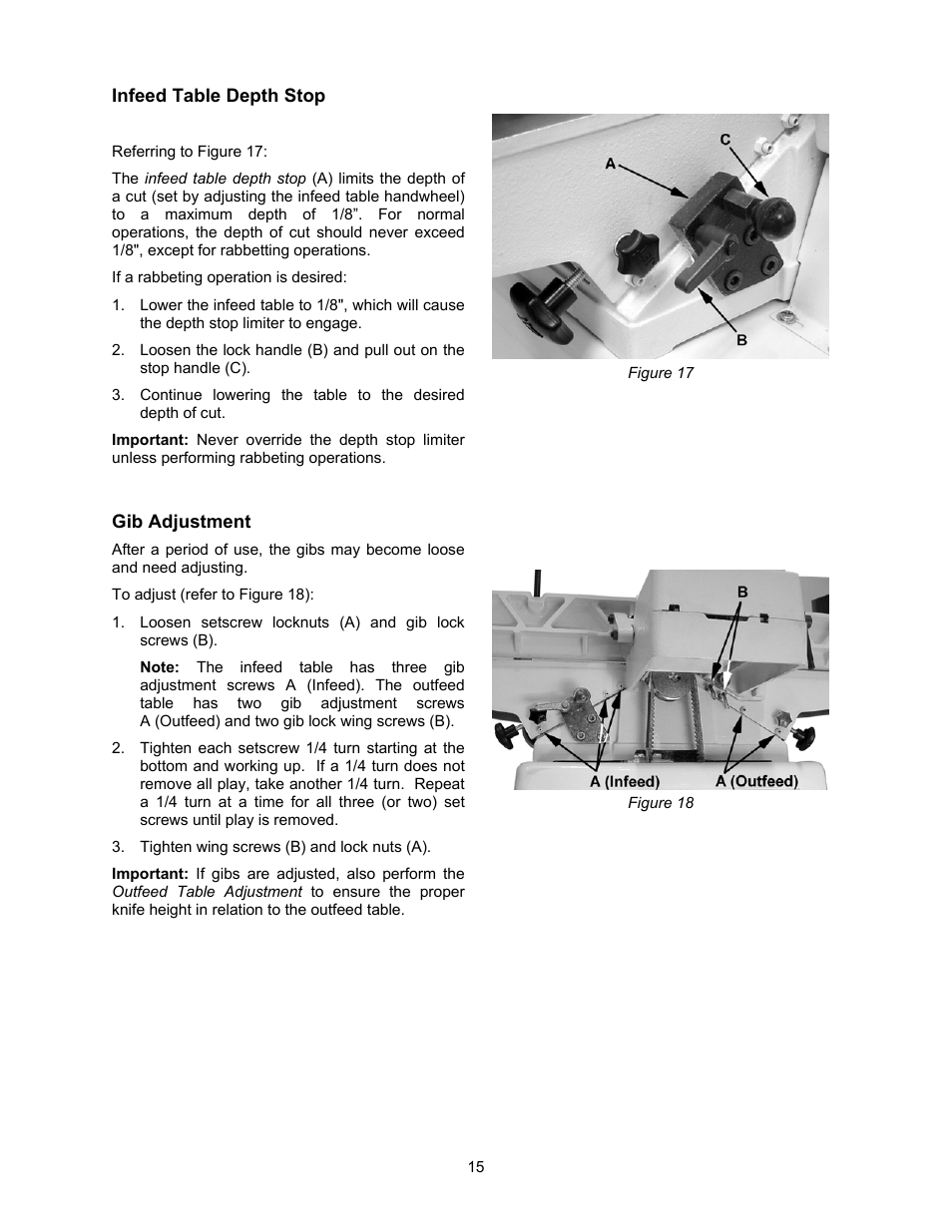Infeed table depth stop, Gib adjustment | Jet Tools JJ-6CSDX User Manual | Page 15 / 40