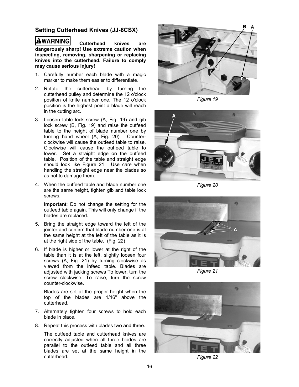 Setting cutterhead knives (jj-6csx) | Jet Tools JJ-6CSDX User Manual | Page 16 / 40