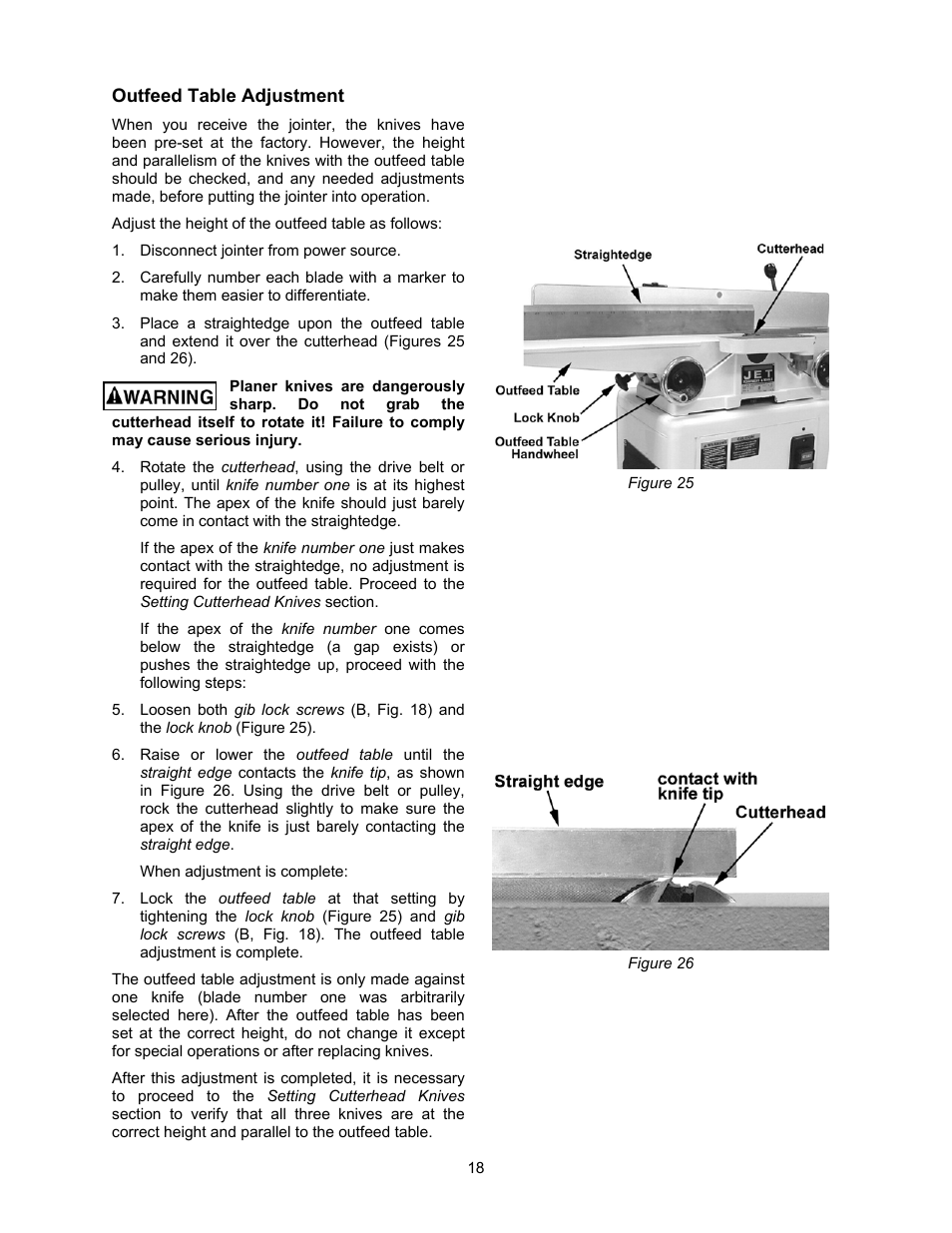 Outfeed table adjustment | Jet Tools JJ-6CSDX User Manual | Page 18 / 40