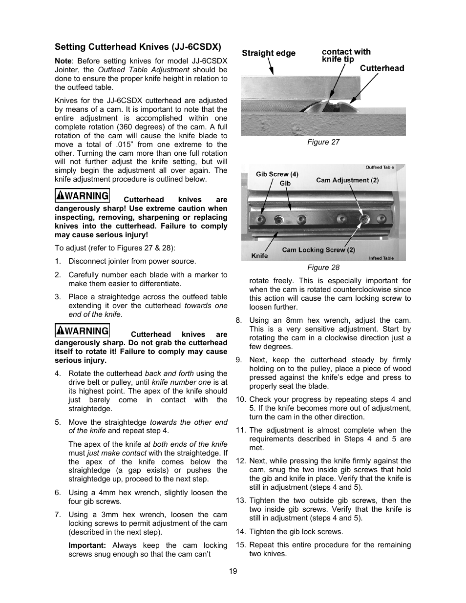 Setting cutterhead knives (jj-6csdx) | Jet Tools JJ-6CSDX User Manual | Page 19 / 40