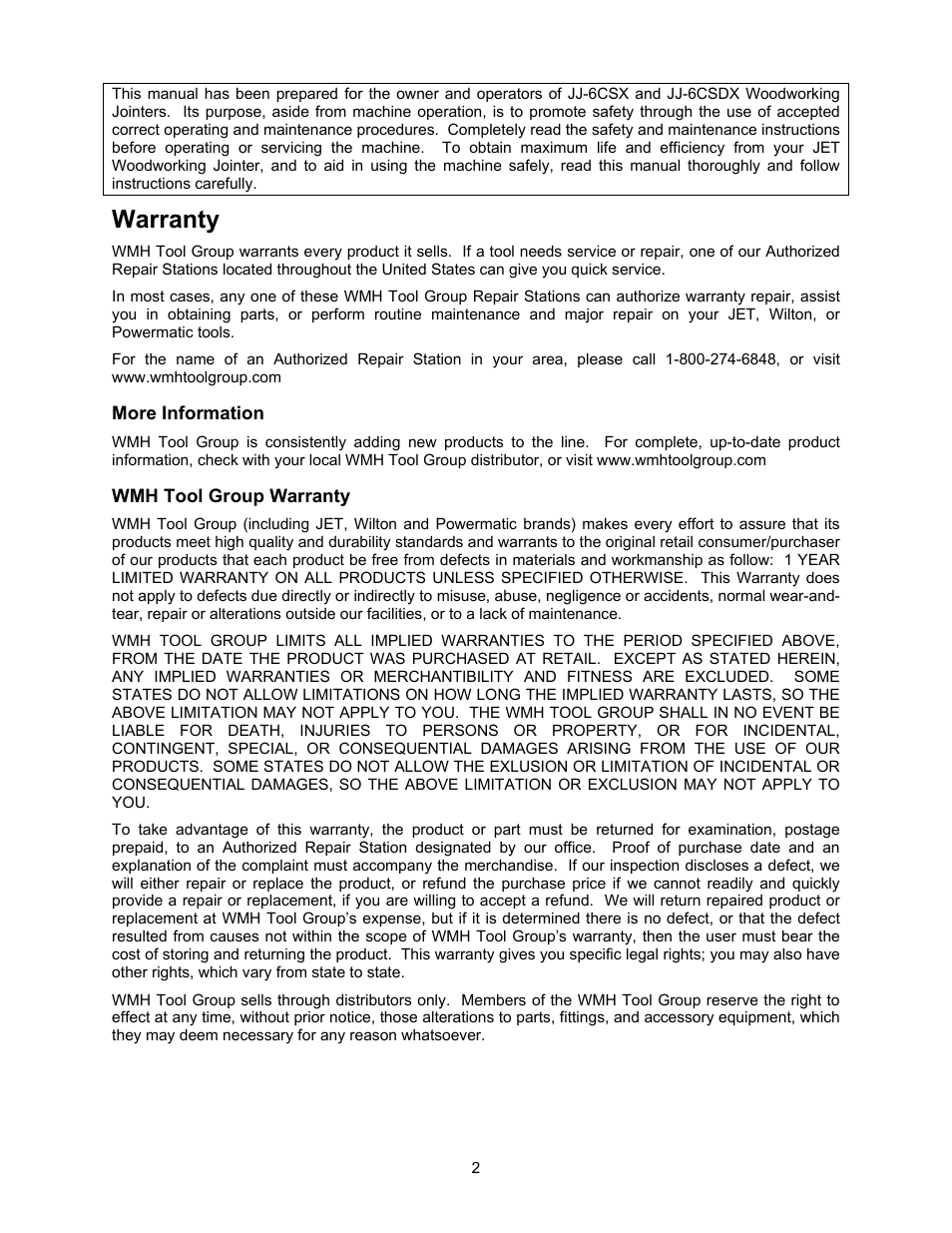 Warranty | Jet Tools JJ-6CSDX User Manual | Page 2 / 40