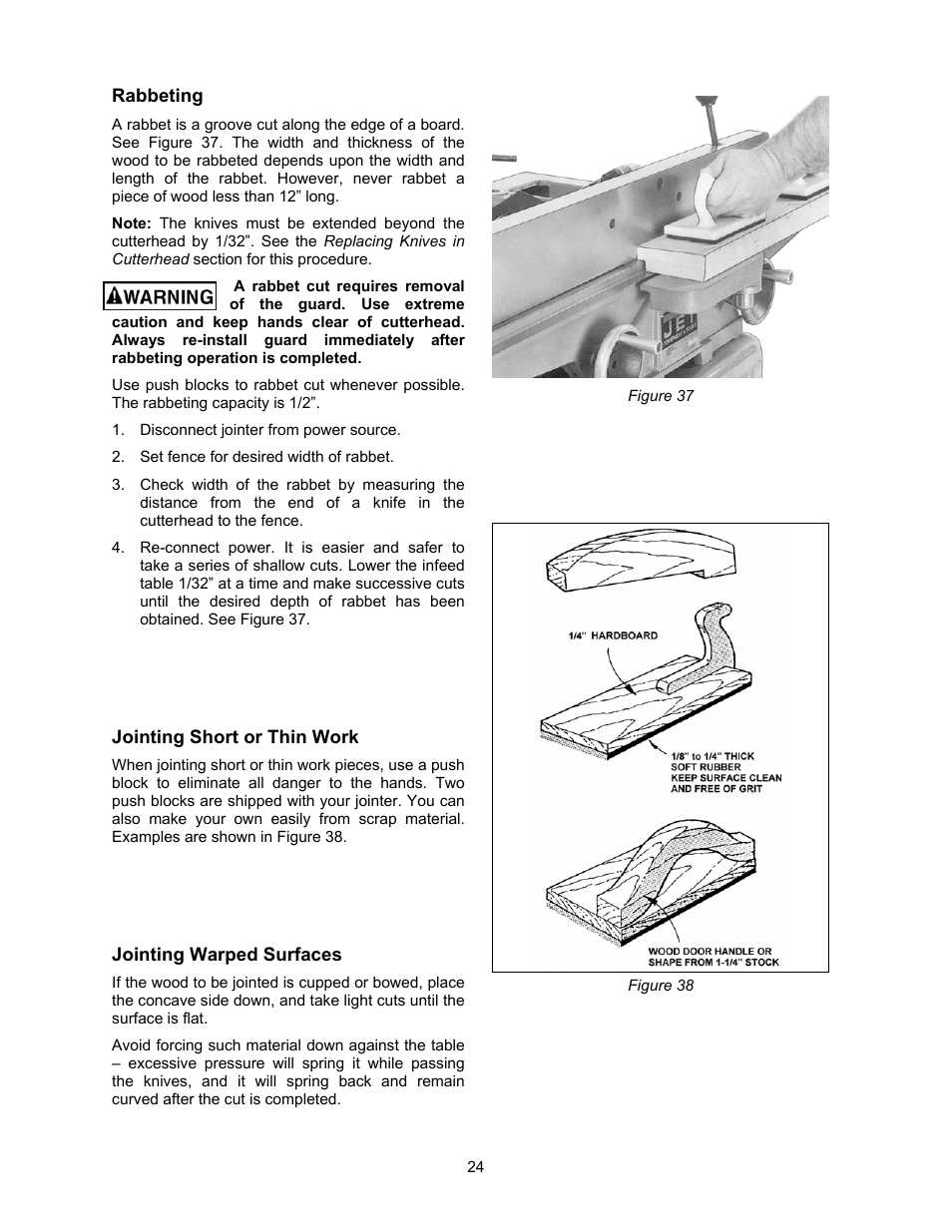 Rabbeting, Jointing short or thin work, Jointing warped surfaces | Jet Tools JJ-6CSDX User Manual | Page 24 / 40