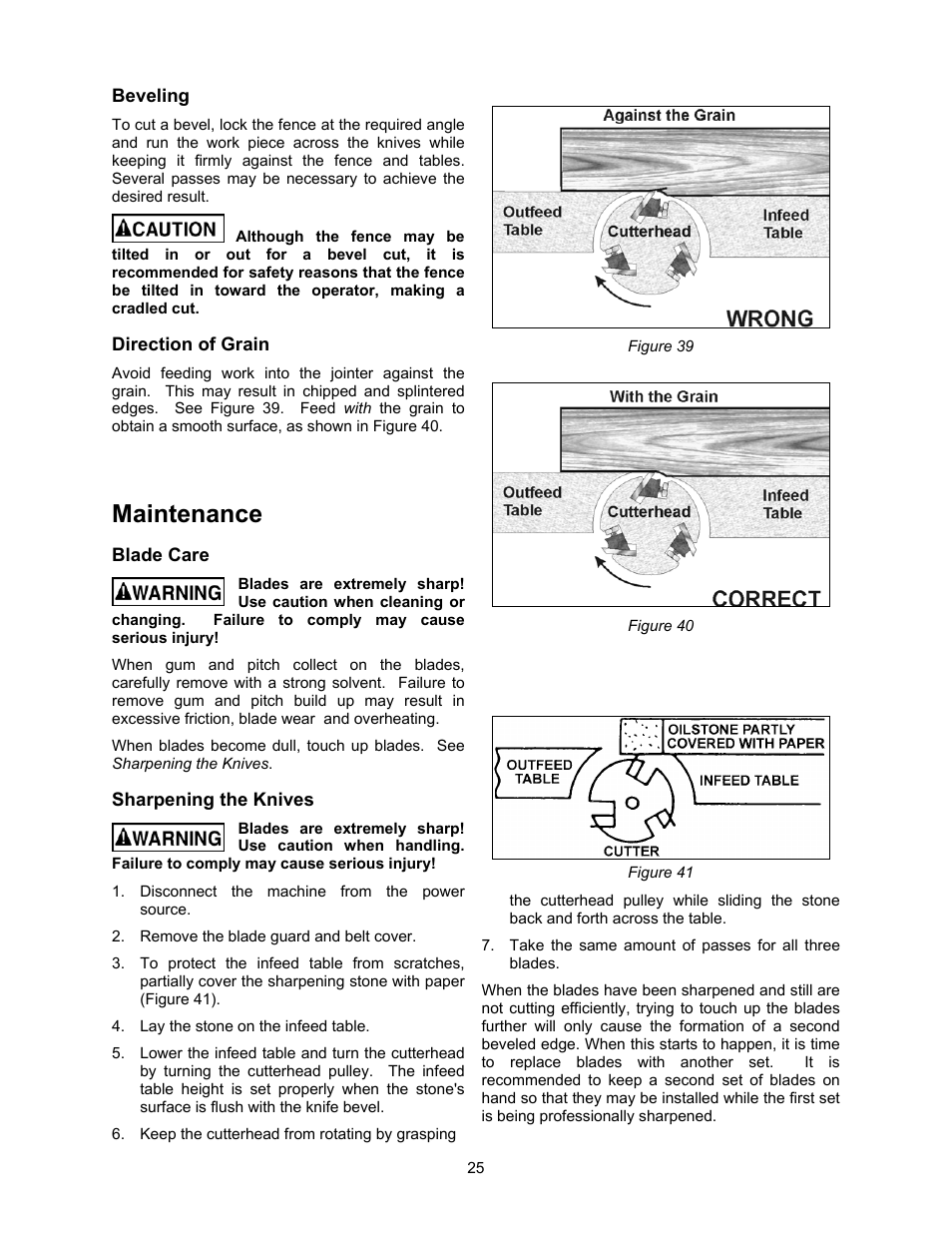Beveling, Direction of grain, Maintenance | Blade care, Sharpening the knives | Jet Tools JJ-6CSDX User Manual | Page 25 / 40