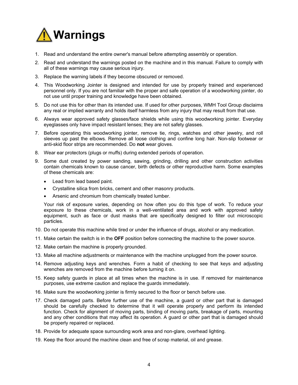 Warnings | Jet Tools JJ-6CSDX User Manual | Page 4 / 40