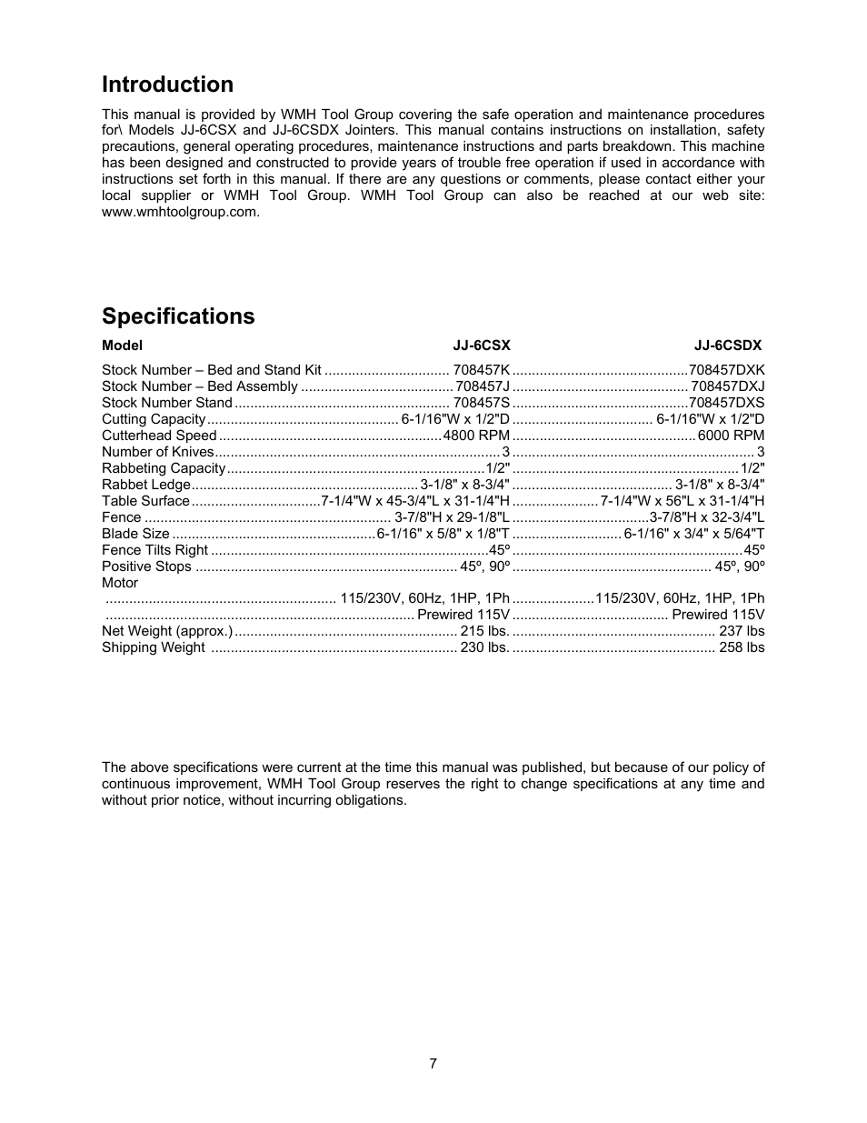 Specifications, Introduction | Jet Tools JJ-6CSDX User Manual | Page 7 / 40