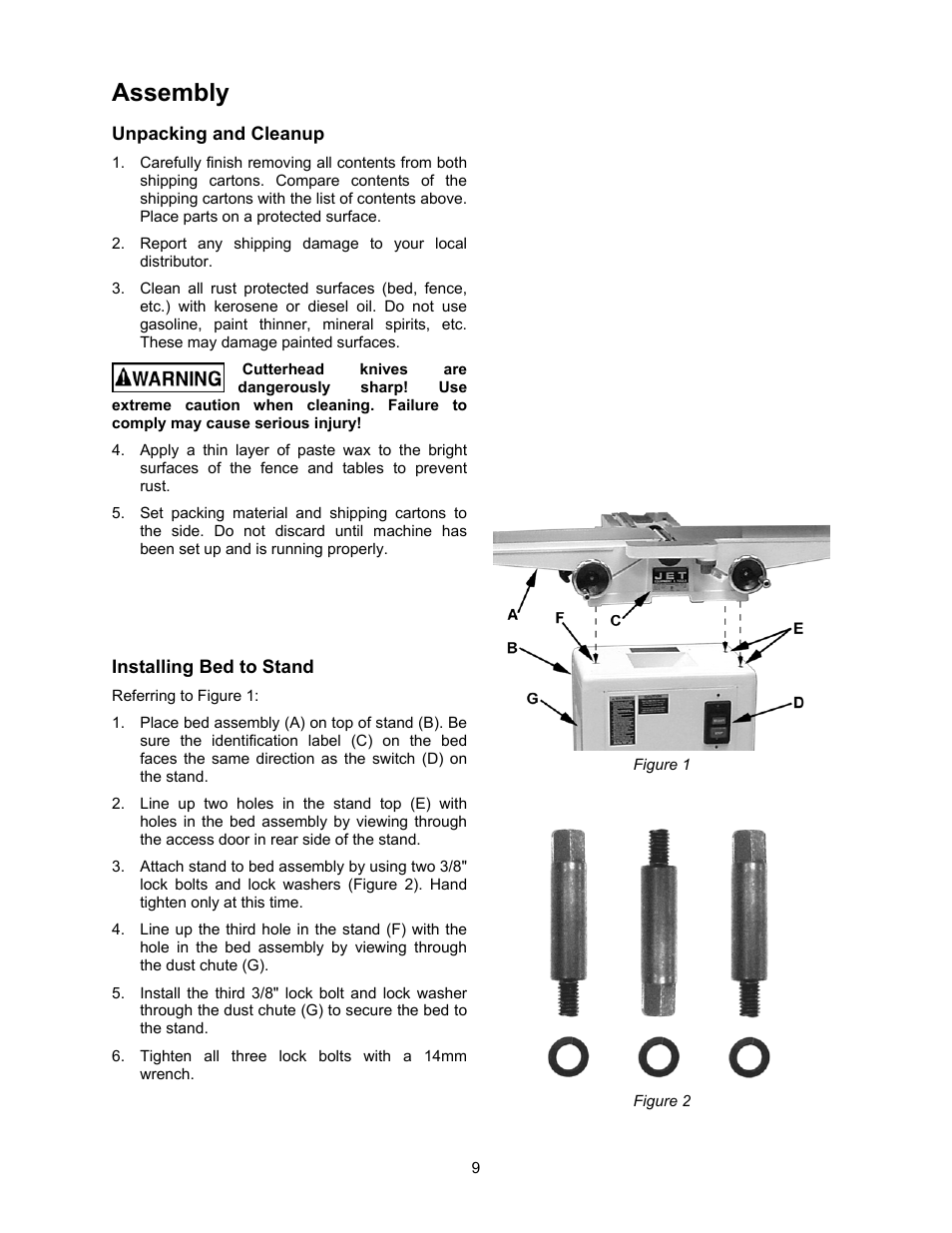 Assembly, Unpacking and cleanup, Installing bed to stand | Jet Tools JJ-6CSDX User Manual | Page 9 / 40