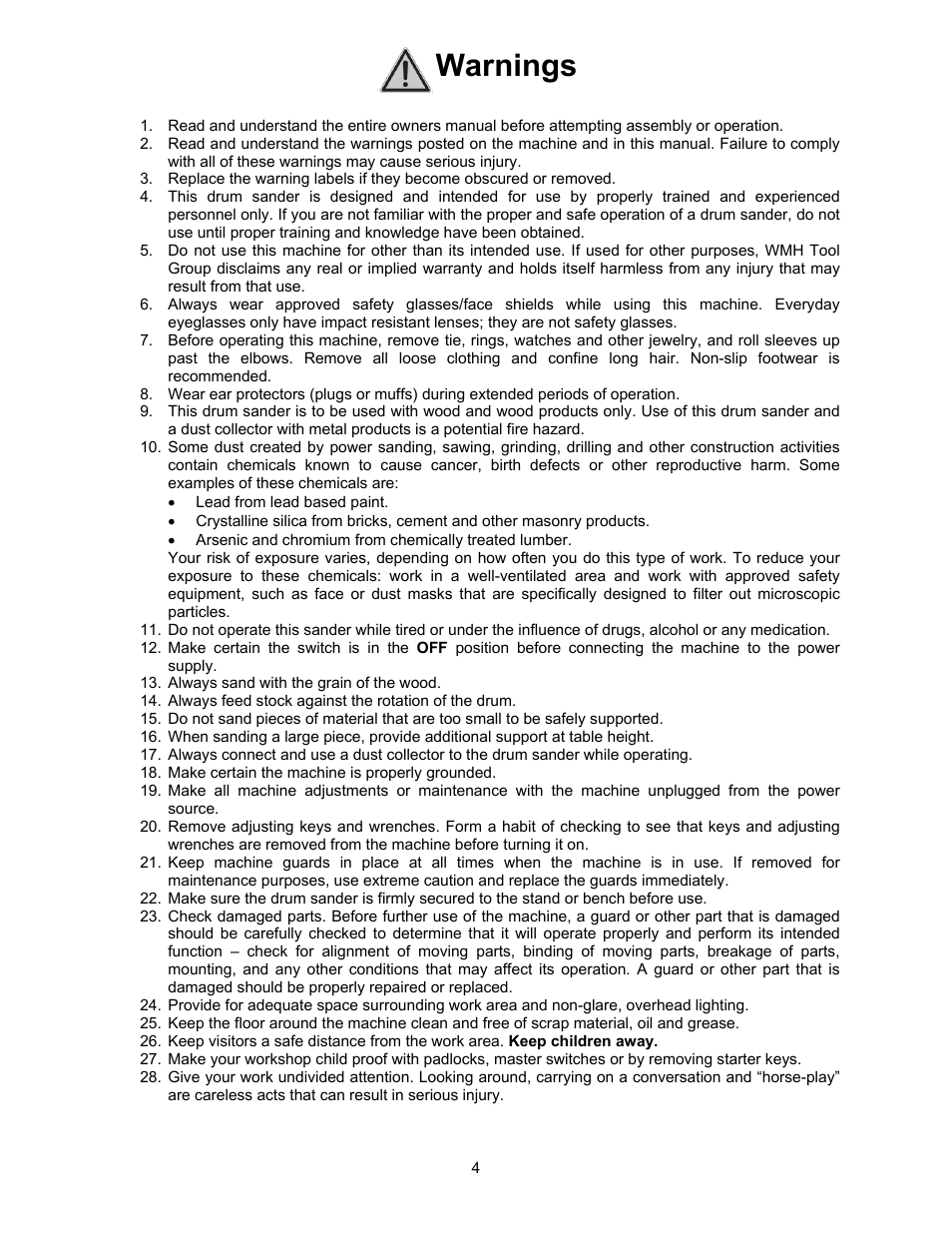 Warnings | Jet Tools M-628900 User Manual | Page 4 / 24