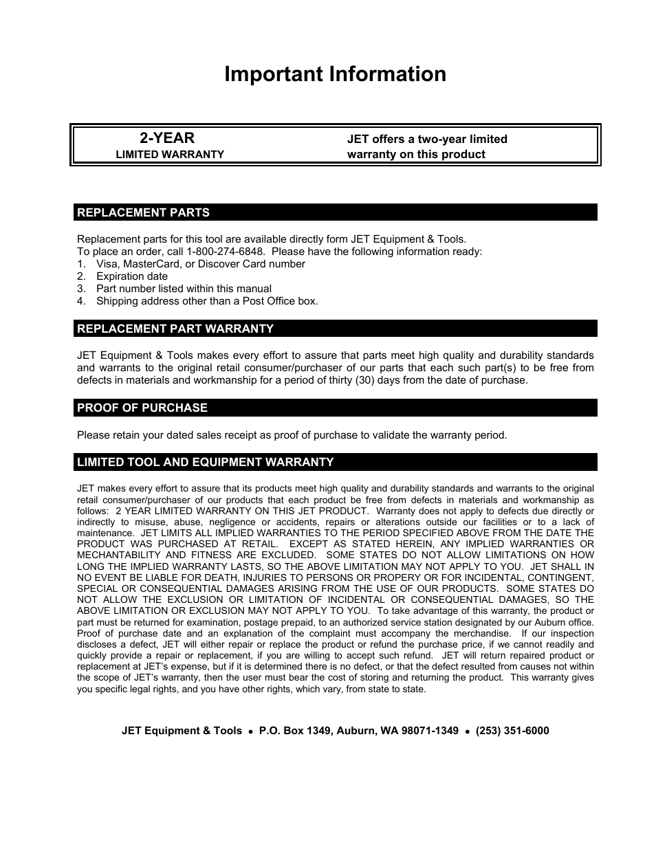 Important information, Year | Jet Tools JML-1014 User Manual | Page 2 / 12
