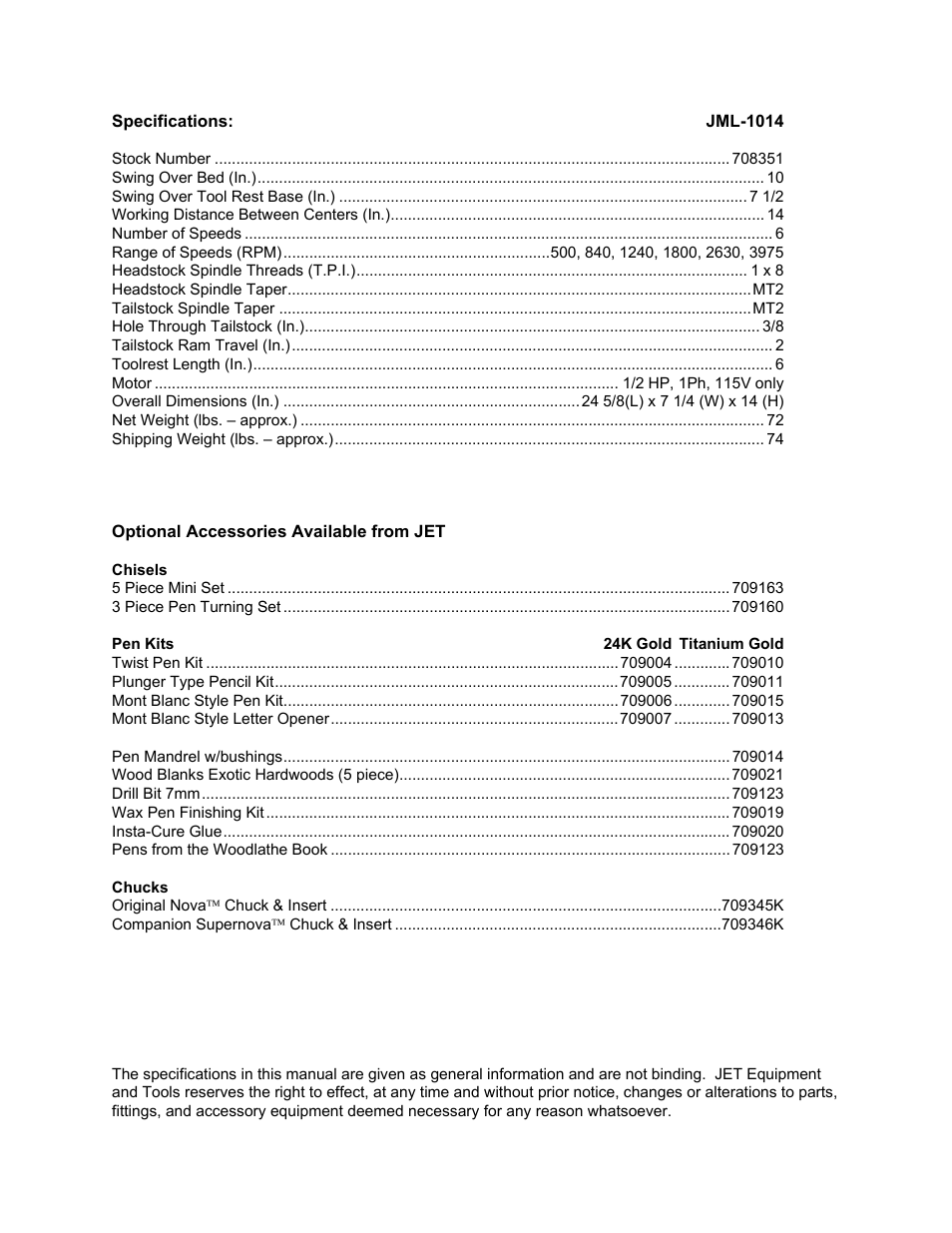 Jet Tools JML-1014 User Manual | Page 6 / 12