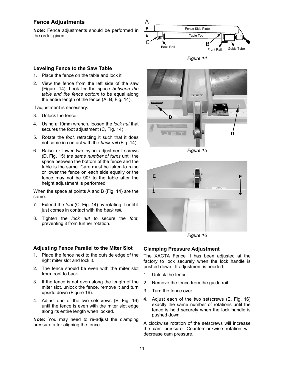 Fence adjustments, Leveling fence to the saw table, Adjusting fence parallel to the miter slot | Clamping pressure adjustment | Jet Tools JWCS-10 User Manual | Page 11 / 16