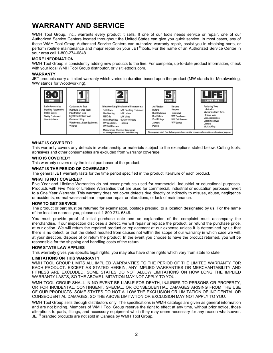 Warranty and service | Jet Tools JWCS-10 User Manual | Page 2 / 16