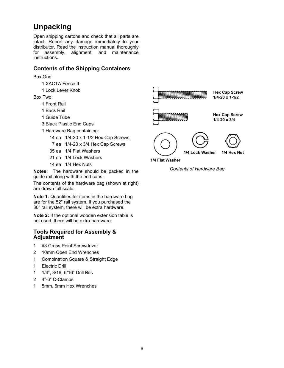 Unpacking, Contents of the shipping containers, Tools required | Jet Tools JWCS-10 User Manual | Page 6 / 16