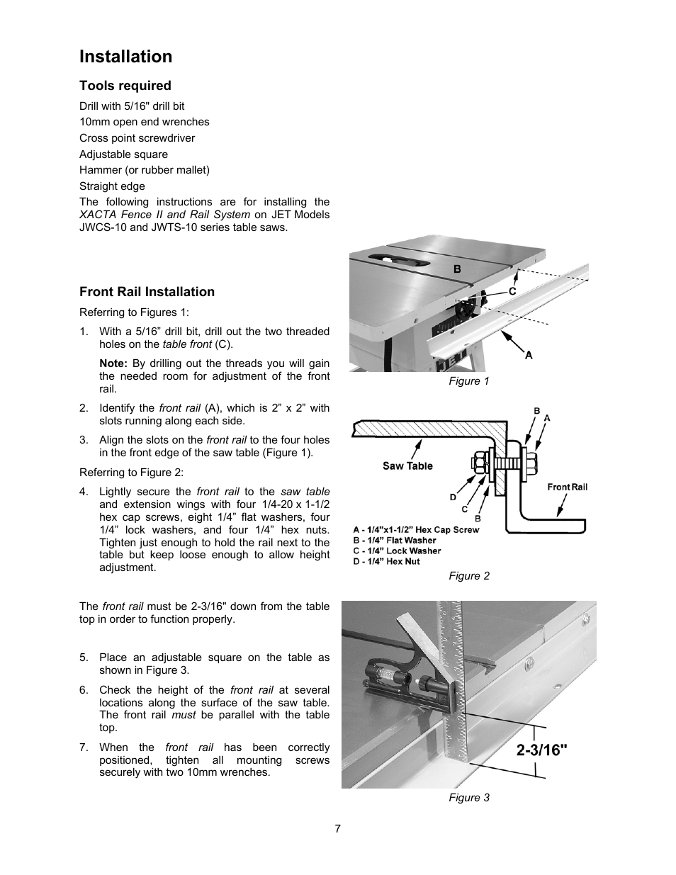 Installation, Front rail installation | Jet Tools JWCS-10 User Manual | Page 7 / 16