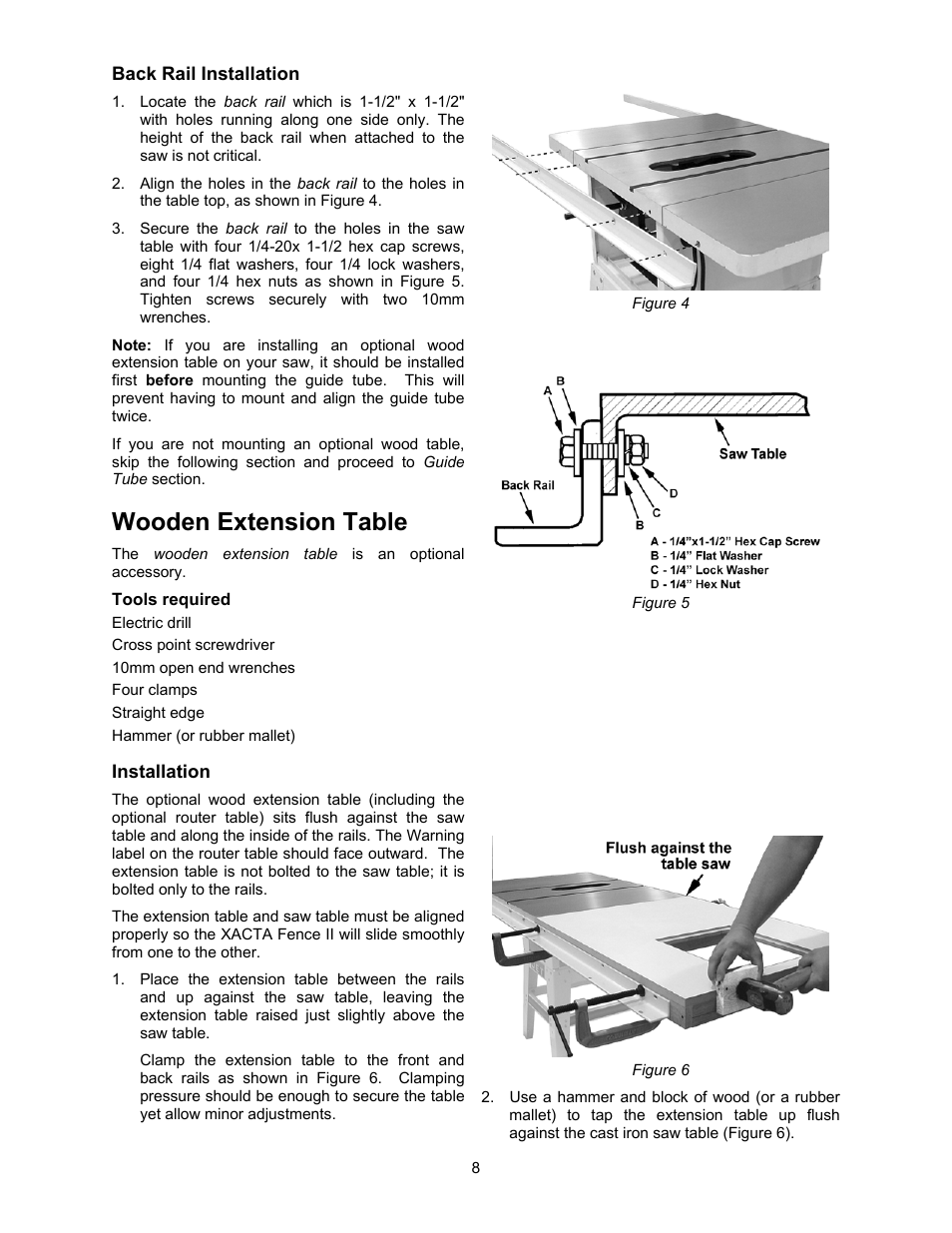 Back rail installation, Wooden extension table | Jet Tools JWCS-10 User Manual | Page 8 / 16