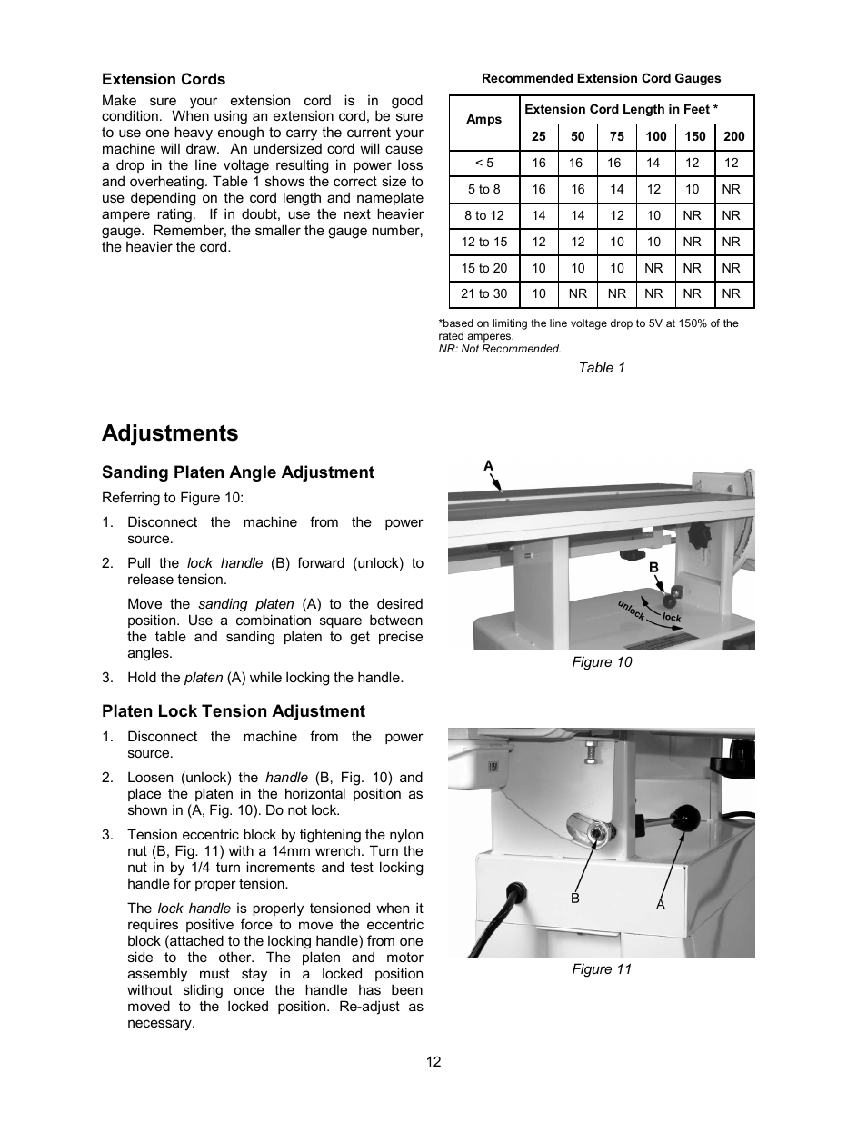 Adjustments, Sanding platen angle adjustment, Platen lock tension adjustment | Jet Tools OES-80CS User Manual | Page 12 / 24