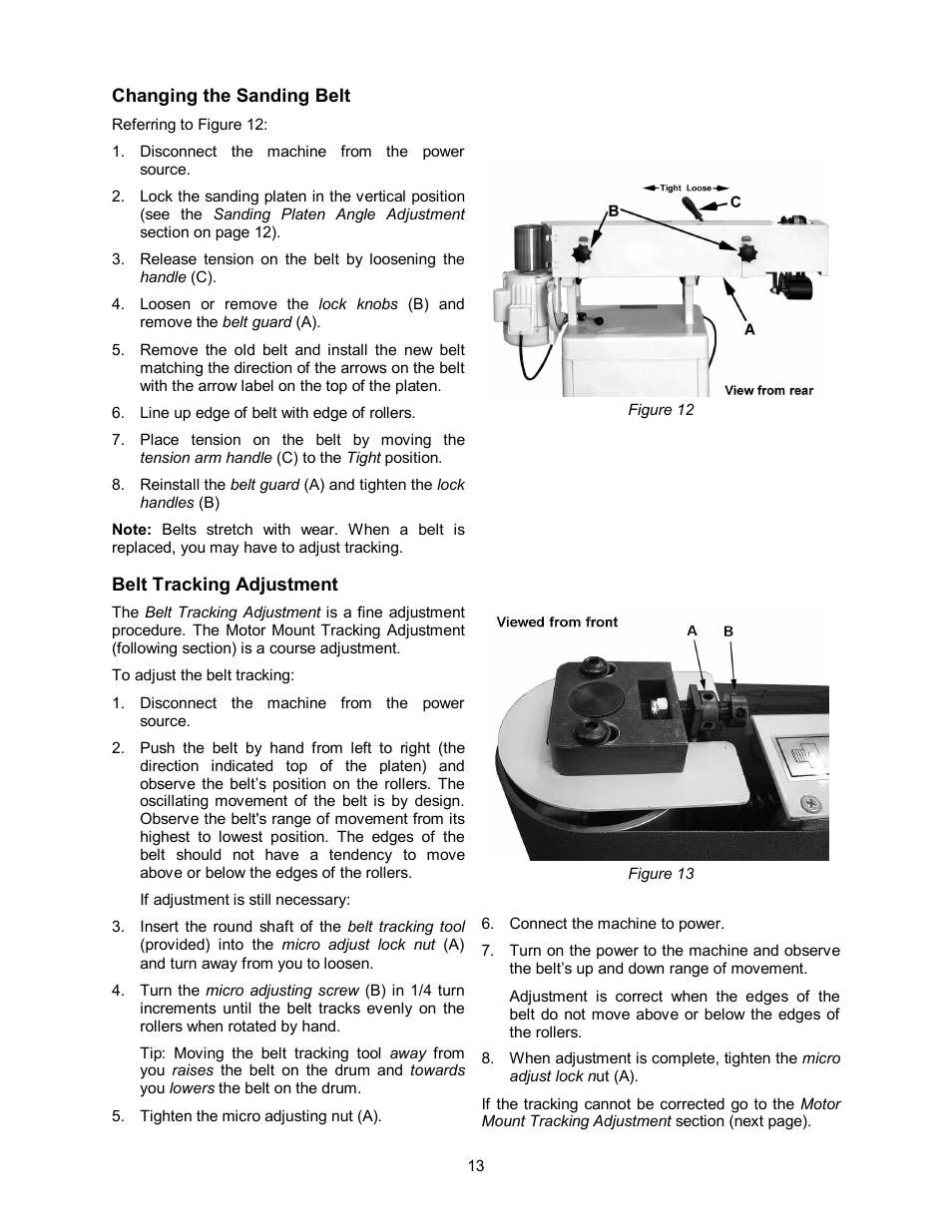 Changing the sanding belt, Belt tracking adjustment | Jet Tools OES-80CS User Manual | Page 13 / 24