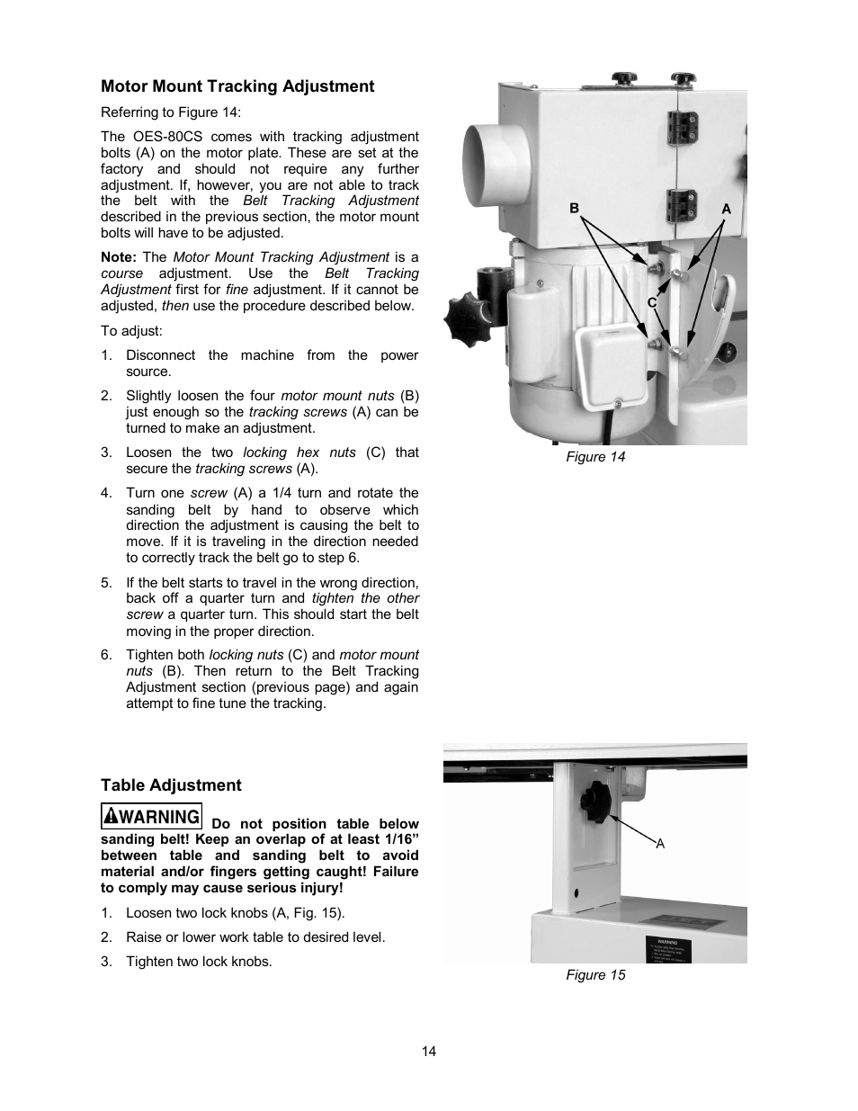 Motor mount tracking adjustment, Table adjustment | Jet Tools OES-80CS User Manual | Page 14 / 24