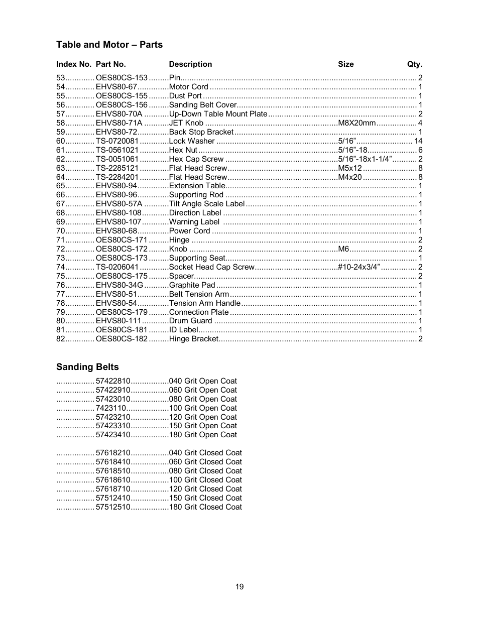 Sanding belts | Jet Tools OES-80CS User Manual | Page 19 / 24