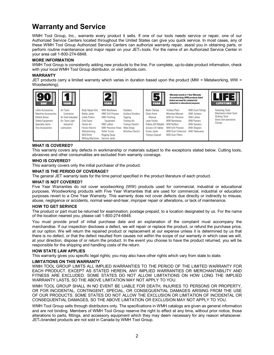 Warranty and service | Jet Tools OES-80CS User Manual | Page 2 / 24