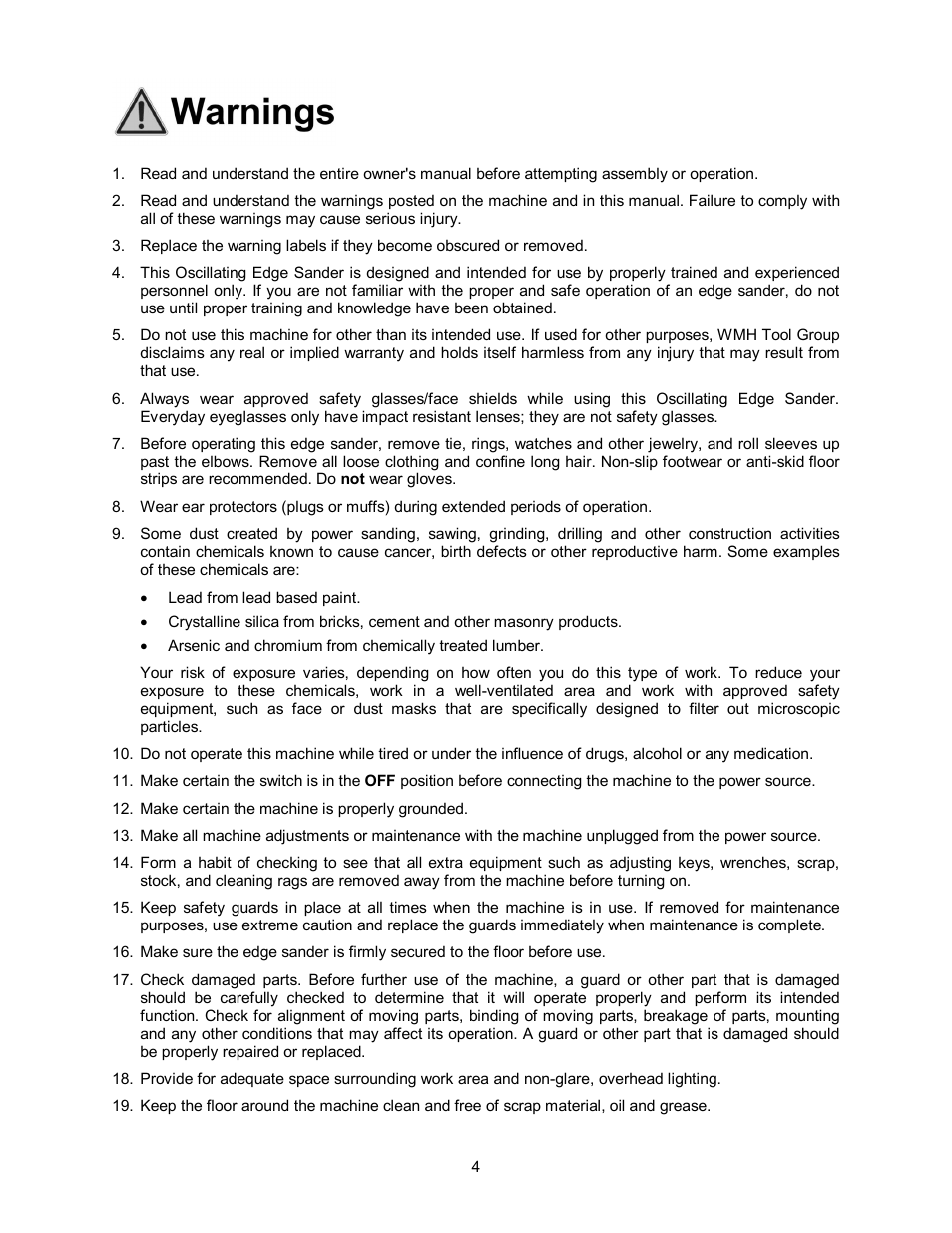 Warnings | Jet Tools OES-80CS User Manual | Page 4 / 24