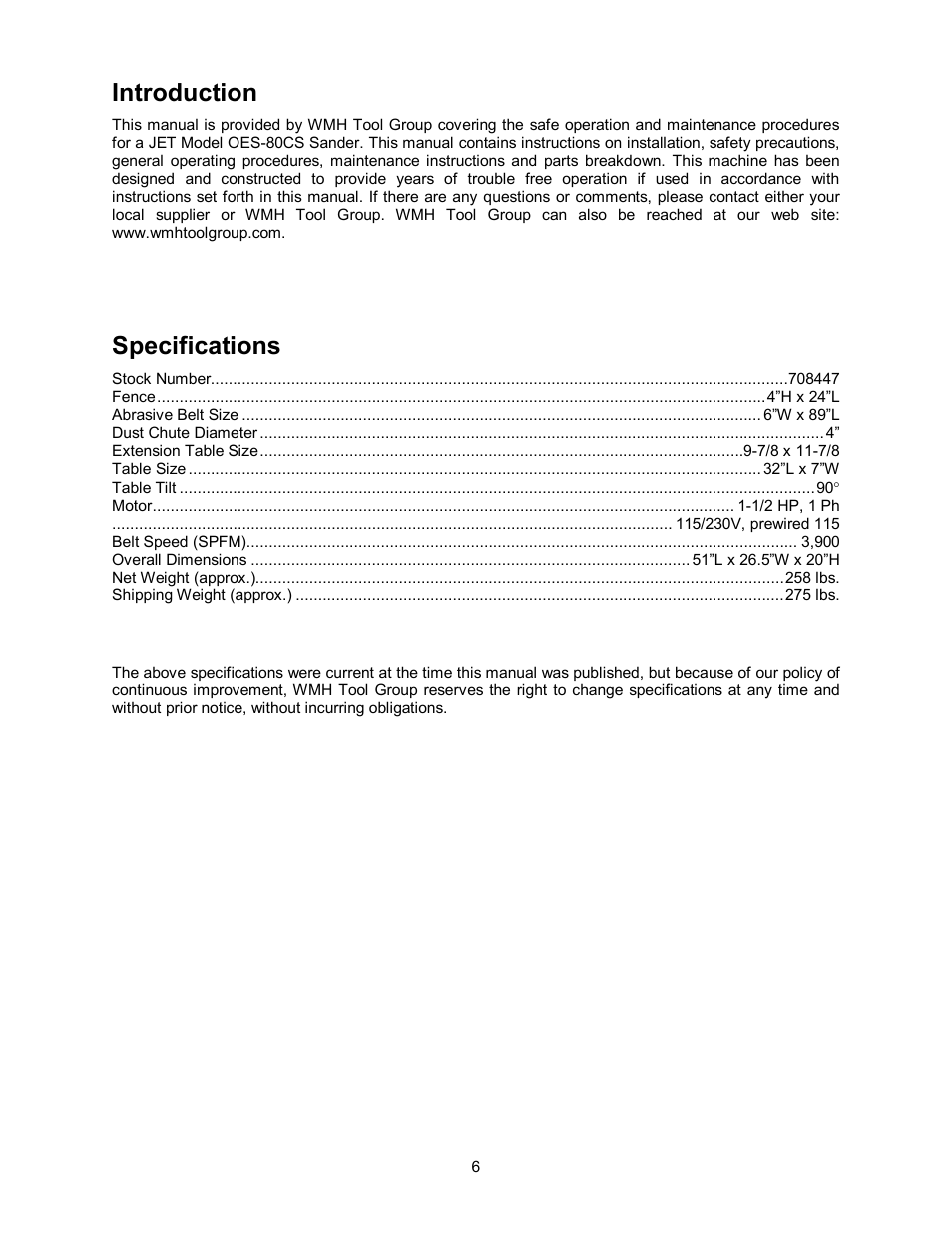 Specifications, Introduction | Jet Tools OES-80CS User Manual | Page 6 / 24