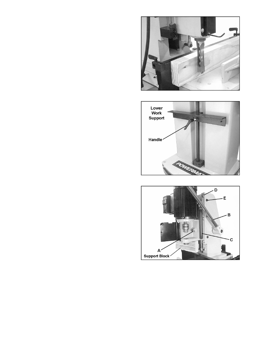 Chisel parallel to workpiece, Lower work support, Re-setting the head | Gib adjustment | Jet Tools 720HD User Manual | Page 14 / 24