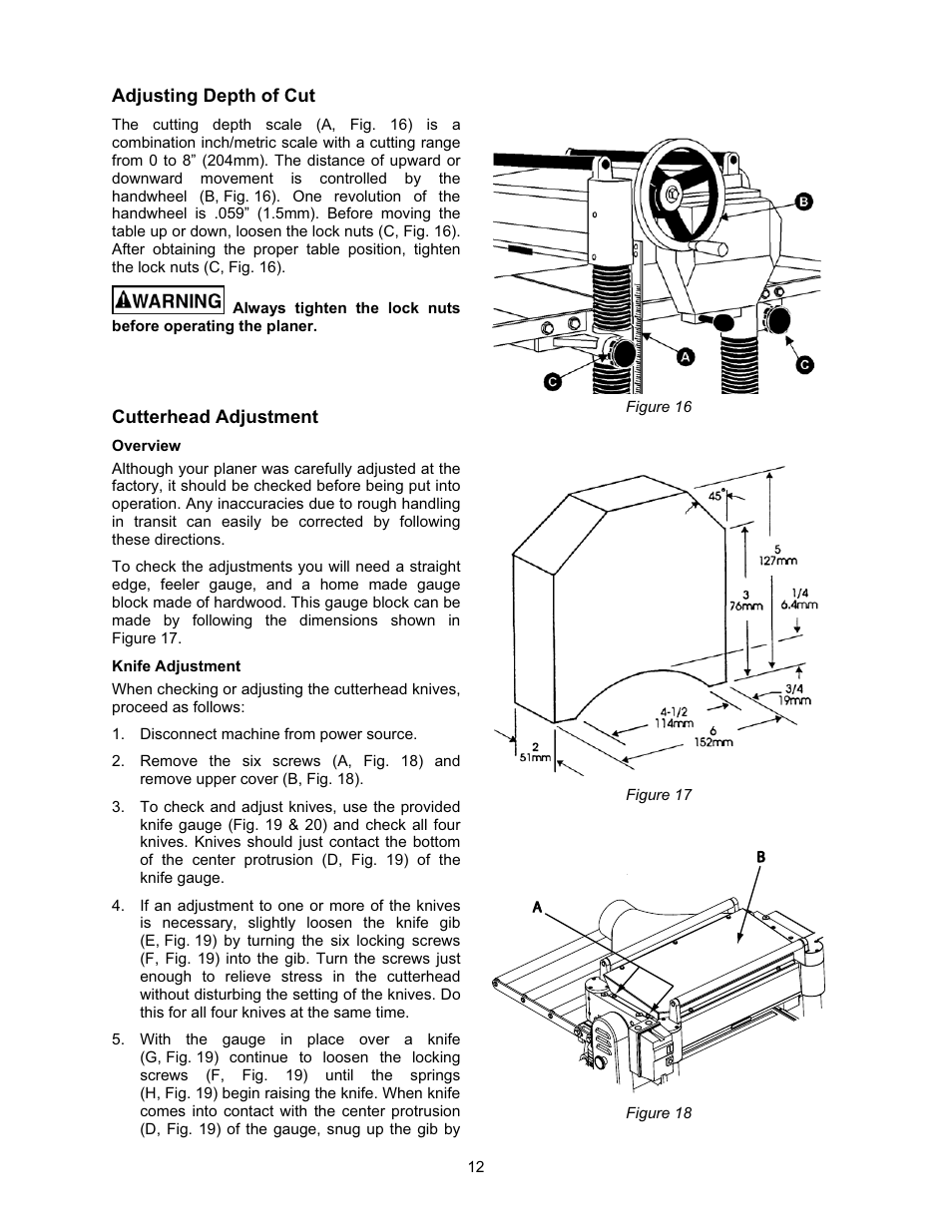 Adjusting depth of cut, Cutterhead adjustment, Overview | Knife adjustment | Jet Tools JWP-208 User Manual | Page 12 / 36