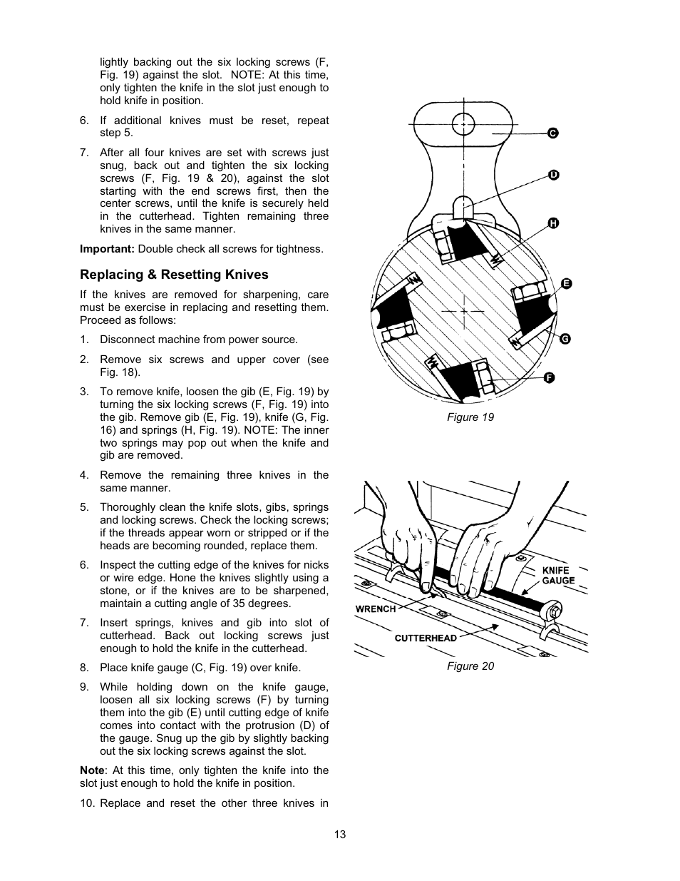 Replacing & resetting knives | Jet Tools JWP-208 User Manual | Page 13 / 36