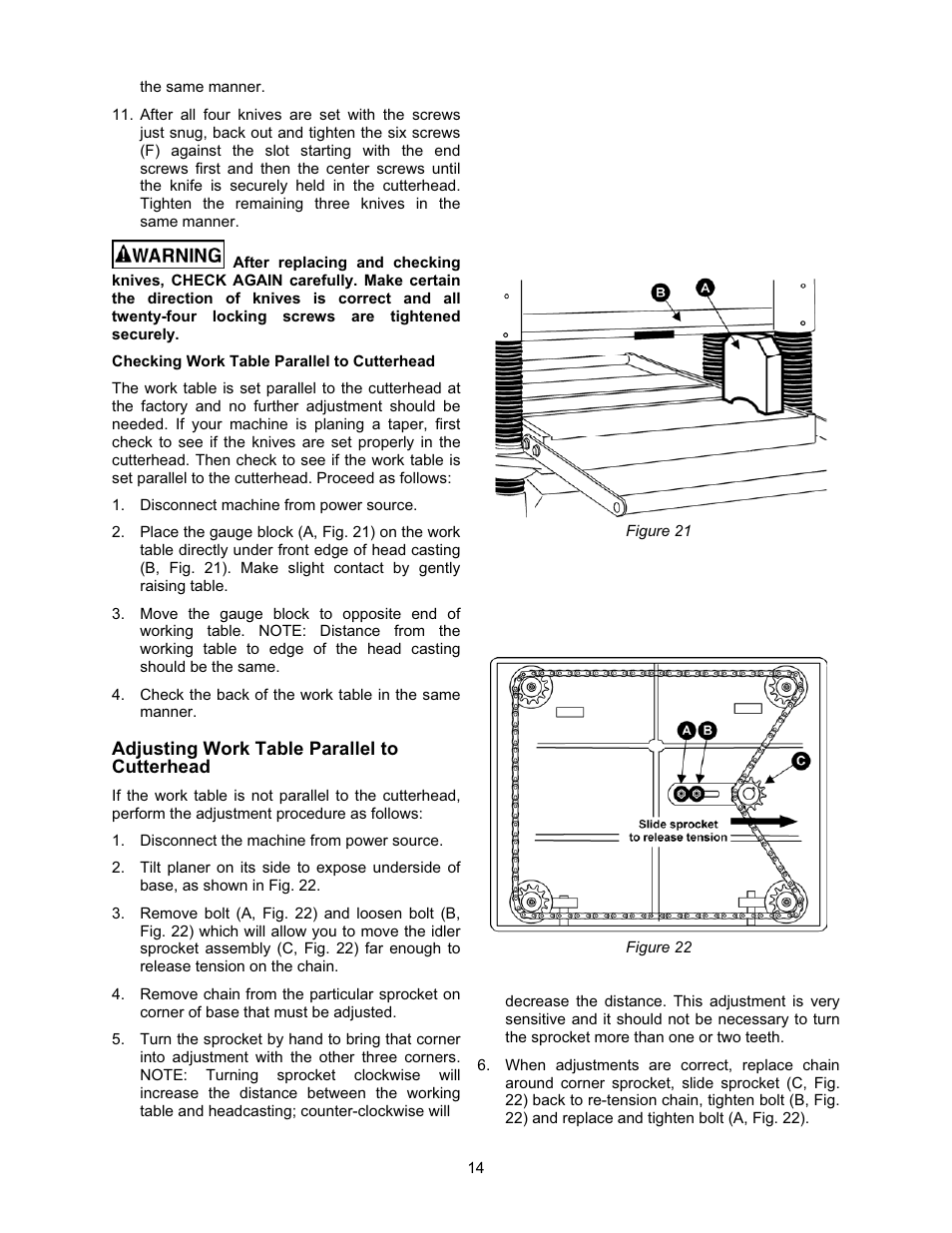 Adjusting work table parallel to cutterhead | Jet Tools JWP-208 User Manual | Page 14 / 36