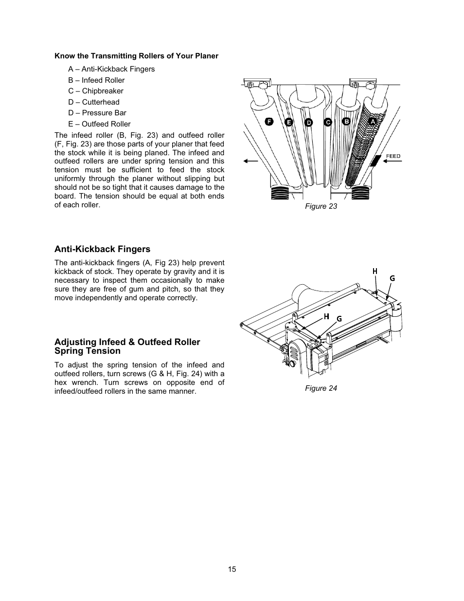 Anti-kickback fingers, Adjusting infeed & outfeed roller spring tension | Jet Tools JWP-208 User Manual | Page 15 / 36