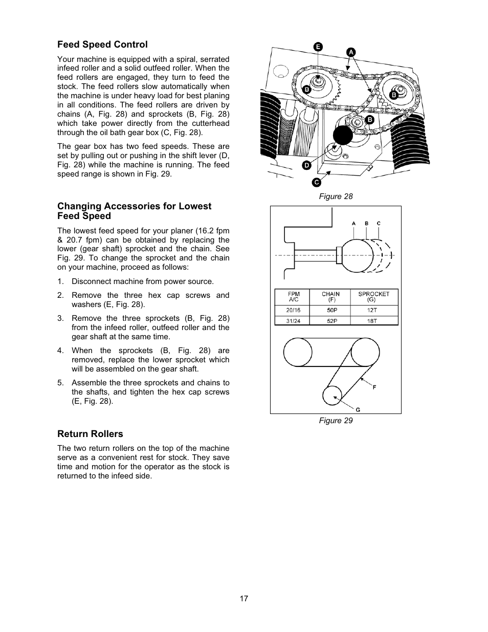 Feed speed control, Changing accessories for lowest feed speed, Return rollers | Jet Tools JWP-208 User Manual | Page 17 / 36