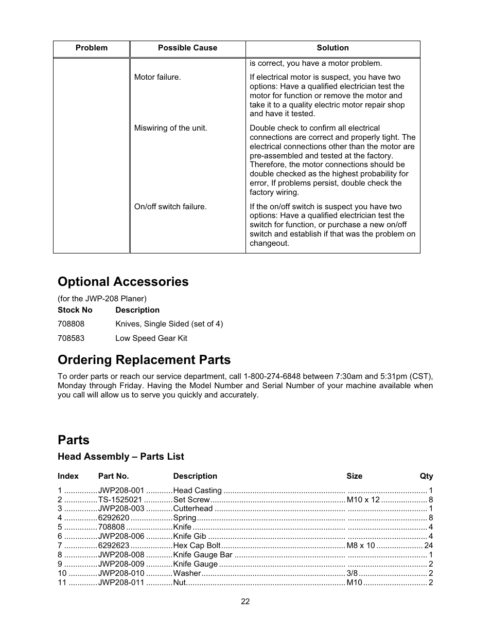 Optional accessories, Ordering replacement parts, Parts | Head assembly – parts list | Jet Tools JWP-208 User Manual | Page 22 / 36
