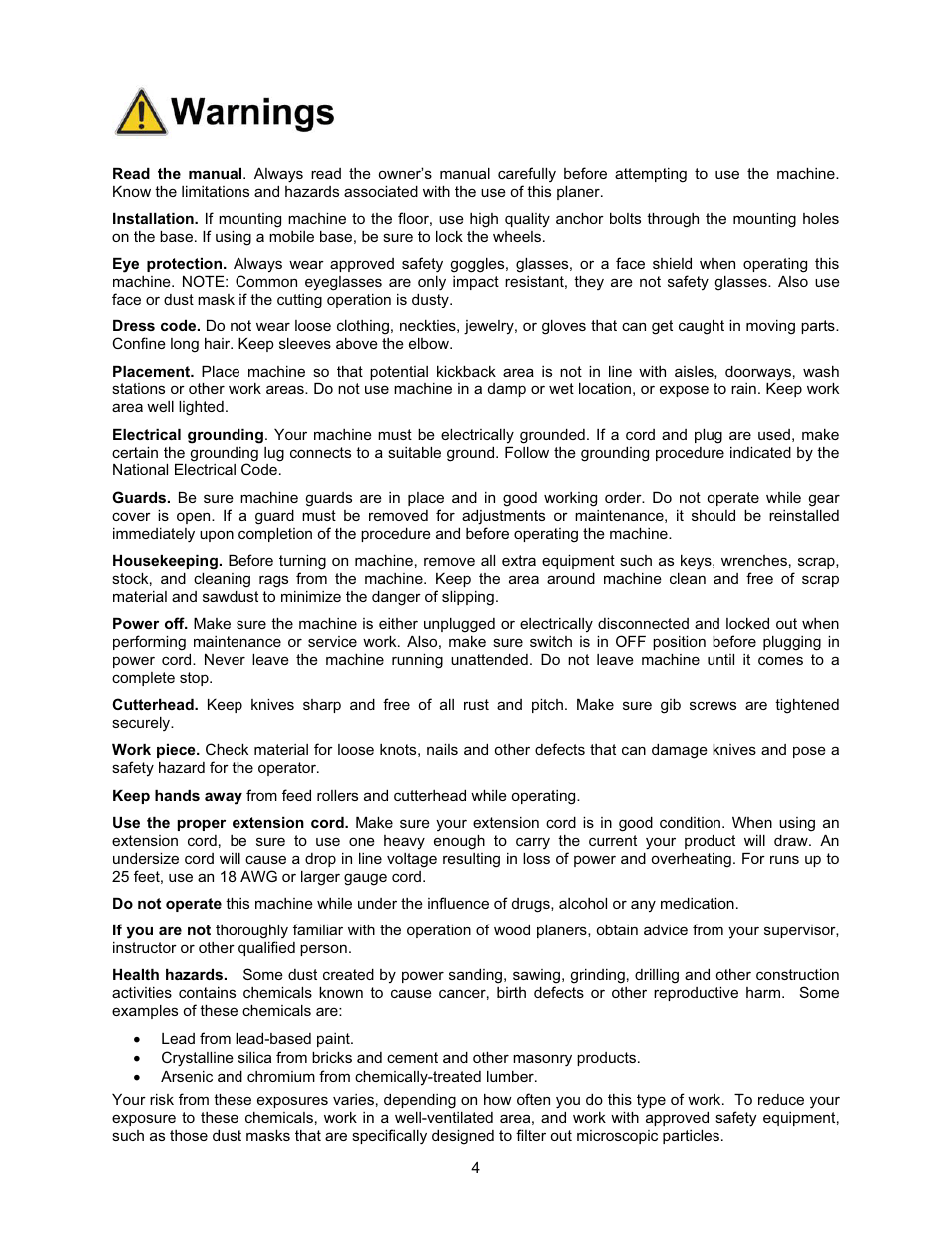 Warnings | Jet Tools JWP-208 User Manual | Page 4 / 36