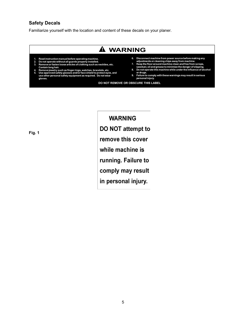 Safety decals | Jet Tools JWP-208 User Manual | Page 5 / 36