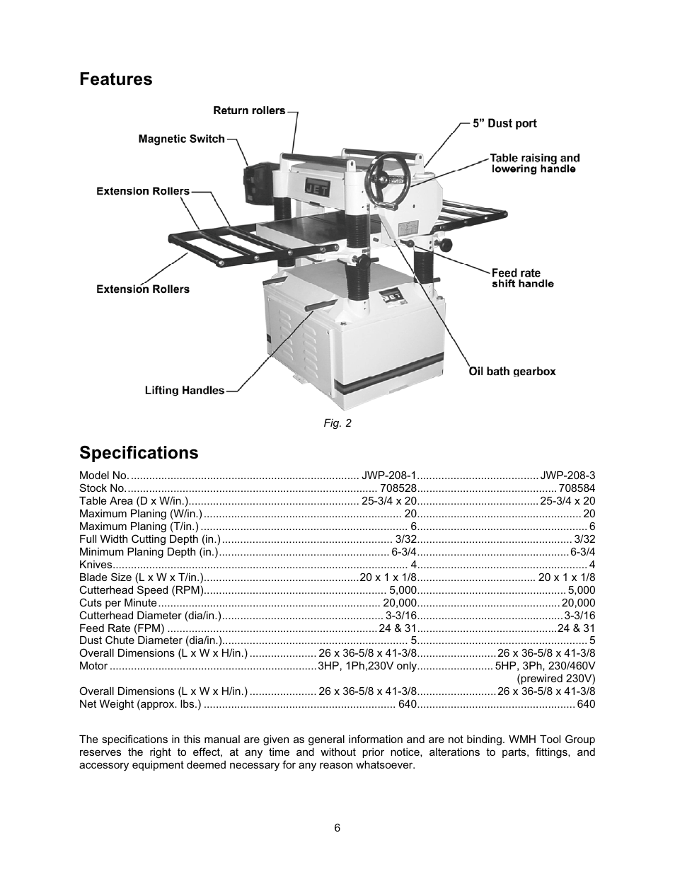 Features, Specifications | Jet Tools JWP-208 User Manual | Page 6 / 36