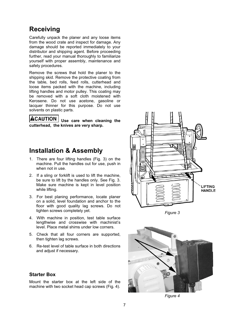 Receiving, Installation & assembly, Starter box | Jet Tools JWP-208 User Manual | Page 7 / 36