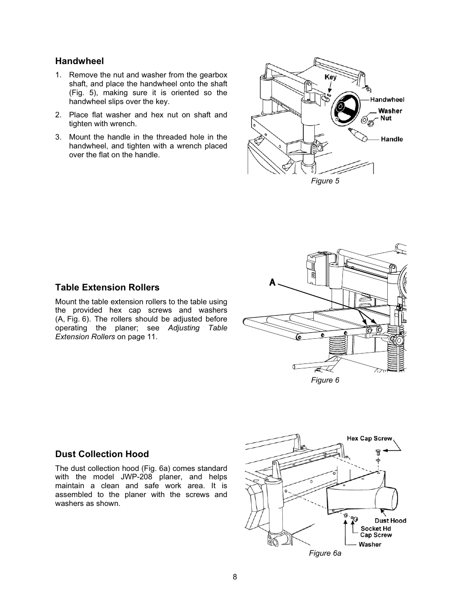 Handwheel, Table extension rollers, Dust collection hood | Jet Tools JWP-208 User Manual | Page 8 / 36