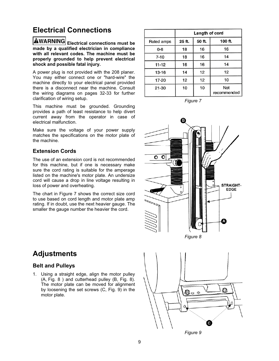 Electrical connections, Adjustments, Belt and pulleys | Jet Tools JWP-208 User Manual | Page 9 / 36