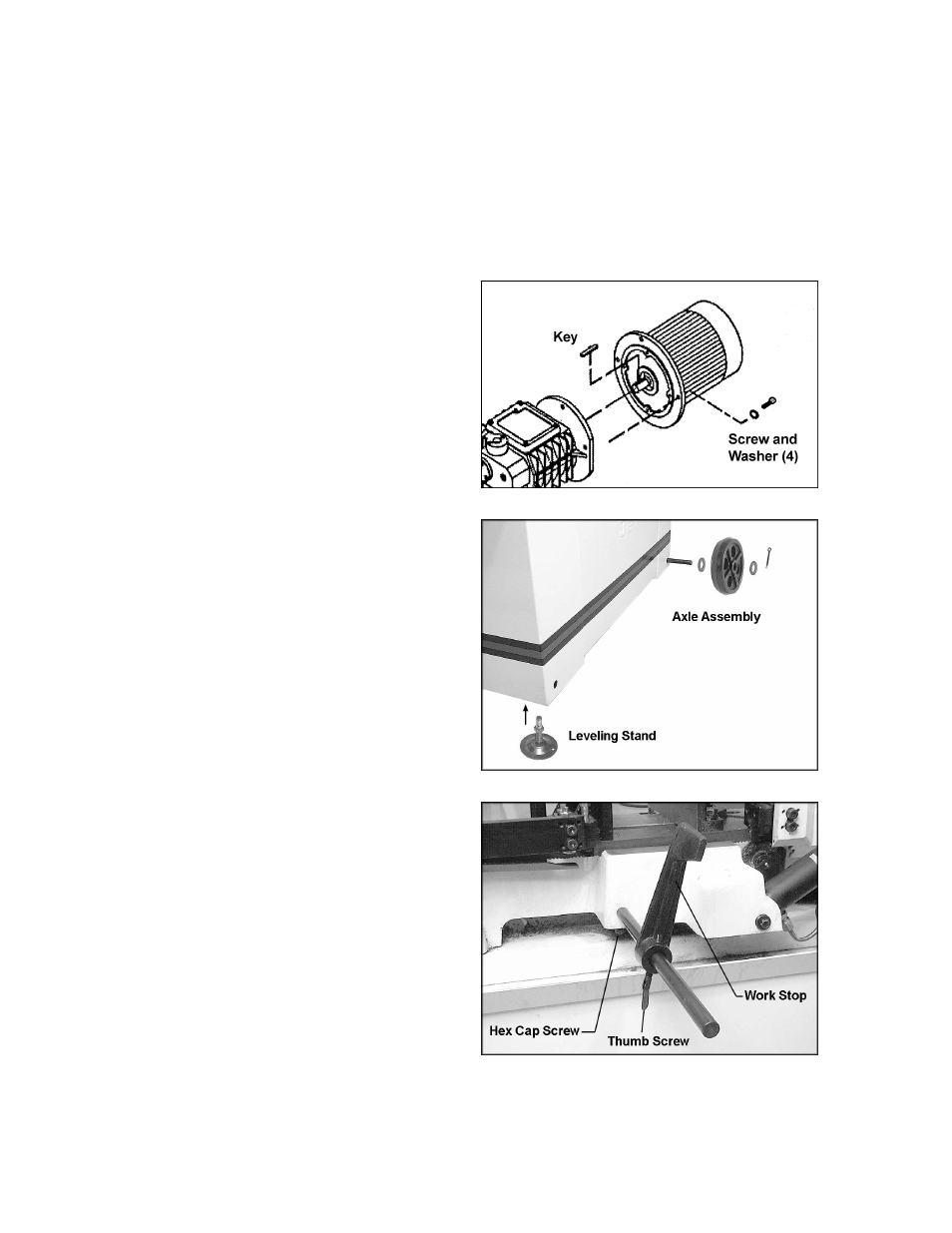 Installation and assembly, Installing motor, Wheels and leveling stands | Stock stop | Jet Tools HBS-814GH User Manual | Page 8 / 32
